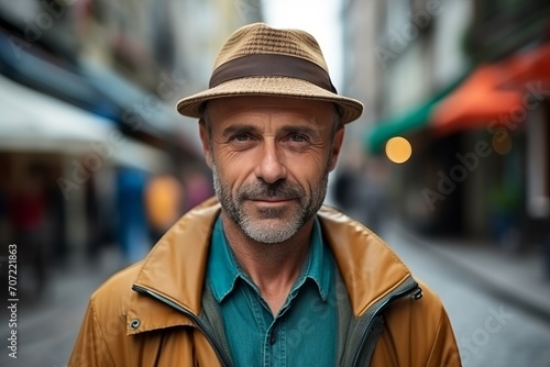 Portrait of a handsome mature man with hat in the city.