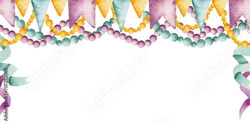 Watercolor card, invitation. Hand drawn colorful beads, garland of flags, purple and green ribbons isolated on transparent background. Masquerades, holidays, Mardi Gras. Sample. photo
