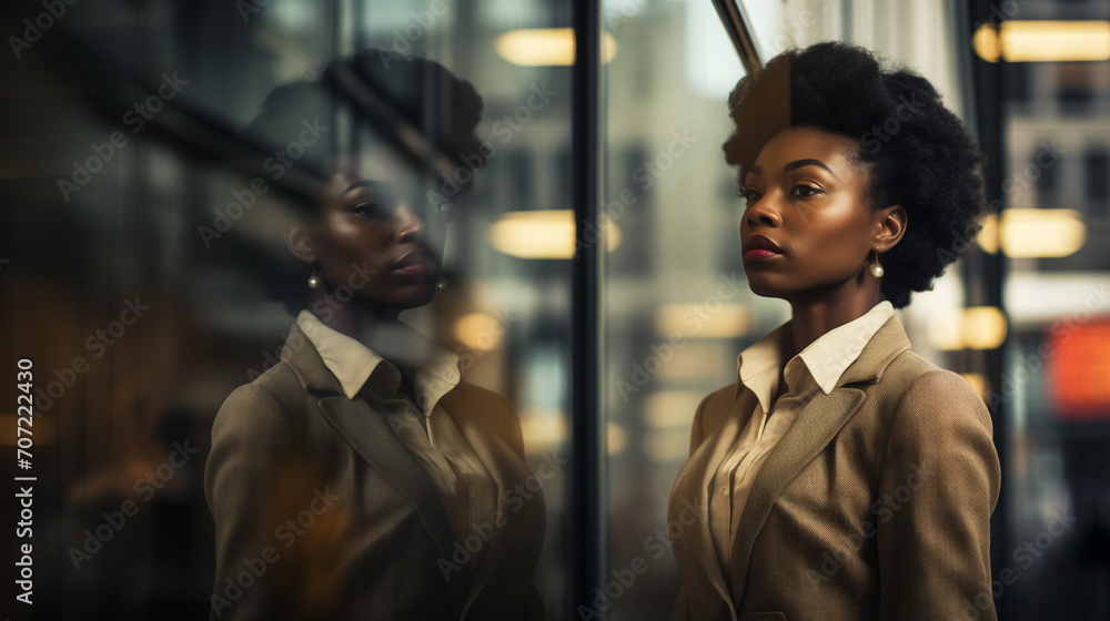 African-American Businesswoman glass reflection in office. Racial discrimination at work. Symbolizes both a literal and metaphorical barrier, highlighting the challenges she faces within the workplace - obrazy, fototapety, plakaty 