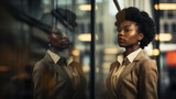 African-American Businesswoman glass reflection in office. Racial discrimination at work. Symbolizes both a literal and metaphorical barrier, highlighting the challenges she faces within the workplace