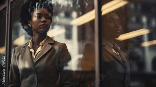 African-American Businesswoman glass reflection in office. Racial discrimination at work. Symbolizes both a literal and metaphorical barrier, highlighting the challenges she faces within the workplace