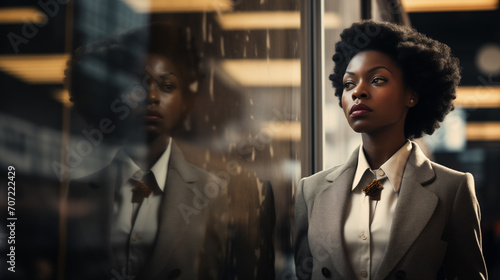African-American Businesswoman glass reflection in office. Racial discrimination at work. Symbolizes both a literal and metaphorical barrier, highlighting the challenges she faces within the workplace photo