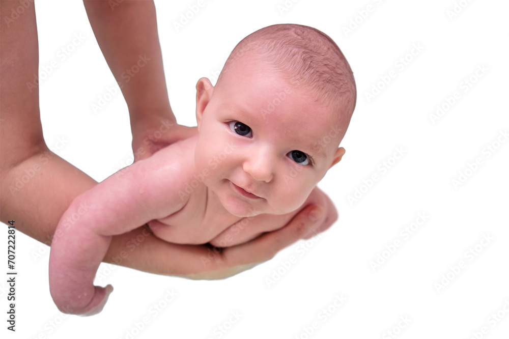 Mom trains swimming with a happy infant baby boy in a home bath, isolated on a white background. A smiling child swims n the bathroom in the hands of his mother. Kid aged two months Mom trains swimming with a happy infant baby boy in a home bath, isolated on a white background. A smiling child swims n the bathroom in the hands of his mother. Kid aged two months