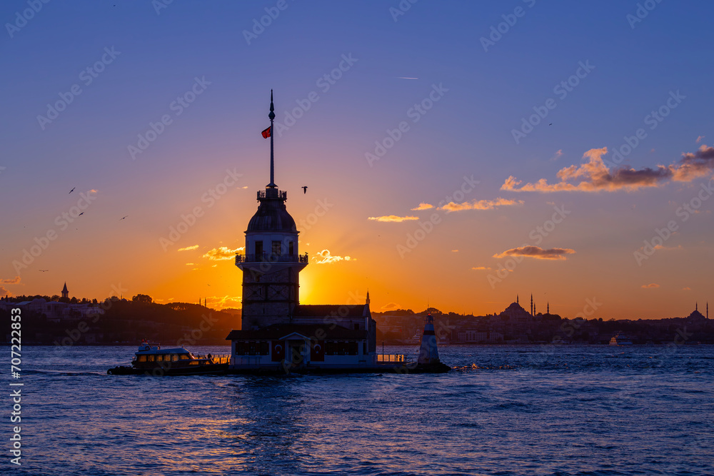 Maiden's Tower and Istanbul city skyline cityscape of Turkey