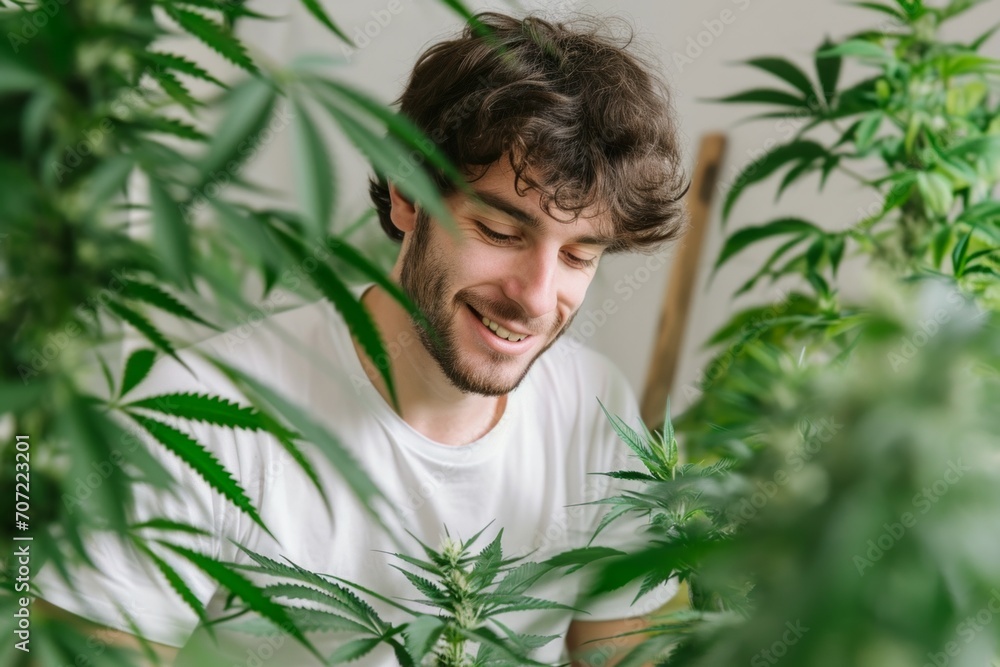 Happy Young Man check the quality of marijuana trees, and smile. Farmer growing hemp and checking plants growth, Happy Young Man check the quality of marijuana trees, and smile. Farmer growing hemp and checking plants growth,