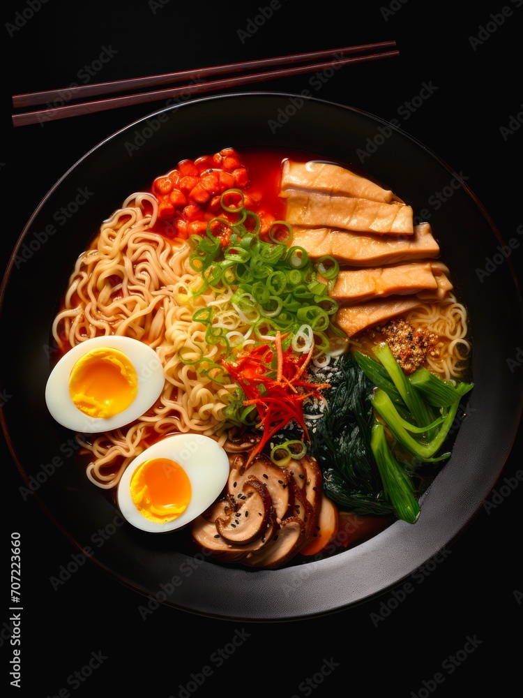 Plate of ramen on black background, top view. Plate of ramen on black background, top view.