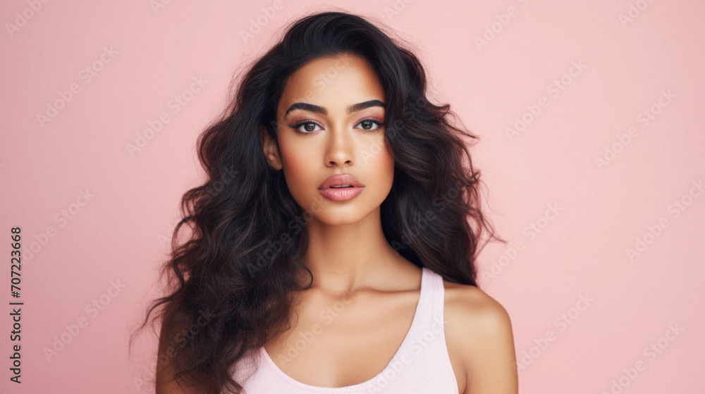 Beautiful african american woman with long curly hair on pink