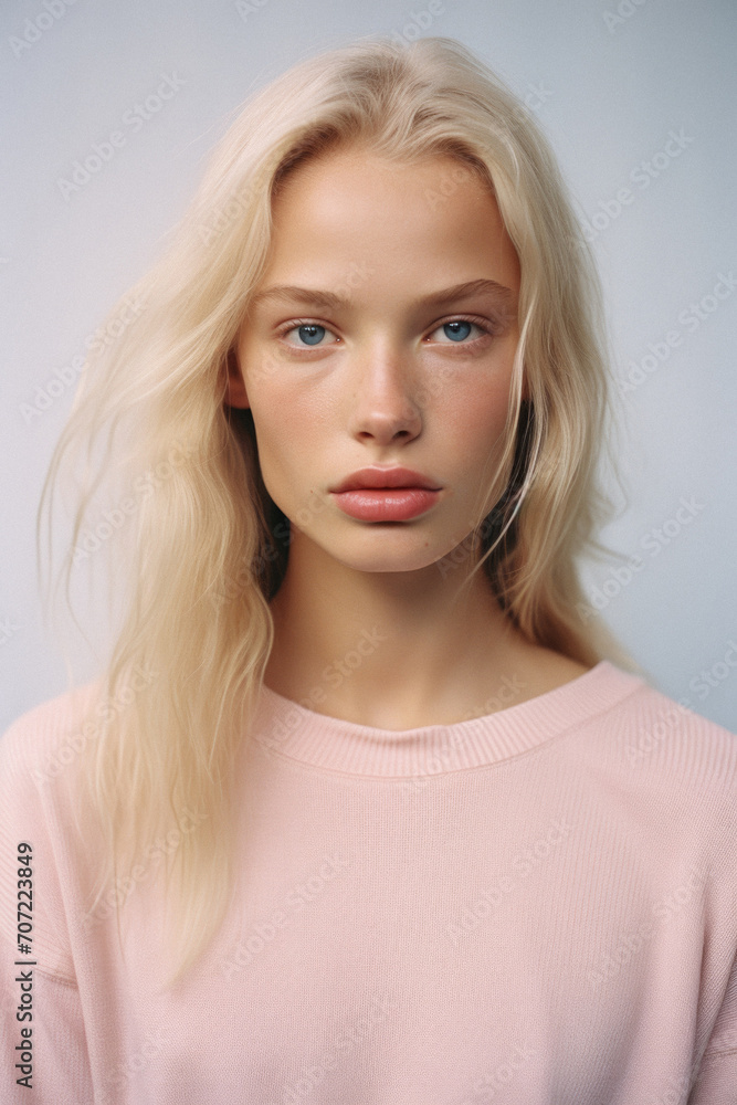 Portrait of a beautiful blonde girl with long hair in a pink sweater Portrait of a beautiful blonde girl with long hair in a pink sweater