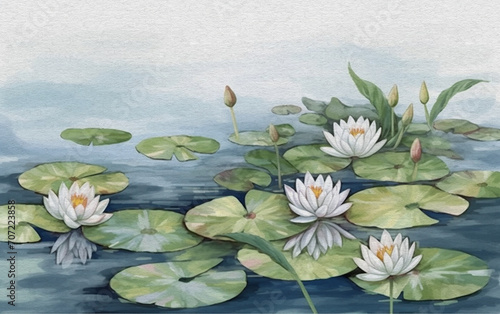 Watercolor painting of water lilies and green leaves in a pond