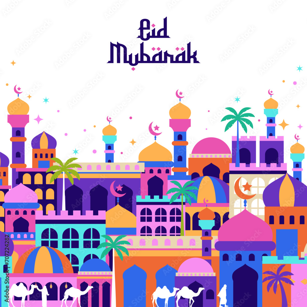 eid mubarak with arabian city background. vector illustration