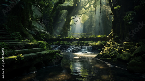 A small waterfall and a river running through a jungle with rays of sunlight coming through the trees