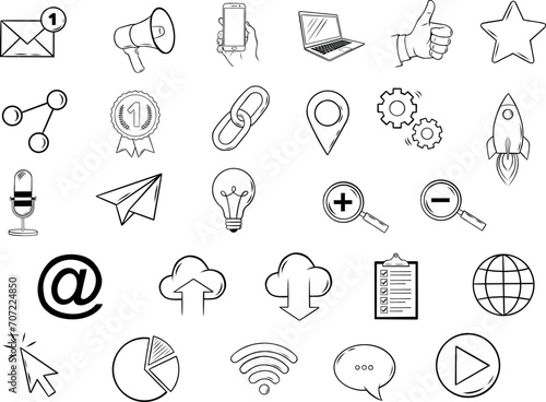 Marketing and business icons, hand drawn icons, internet, networks, technology icons, vector icons, doodle icons, vector graphics, computer, web, business symbols (ID: 707224850)