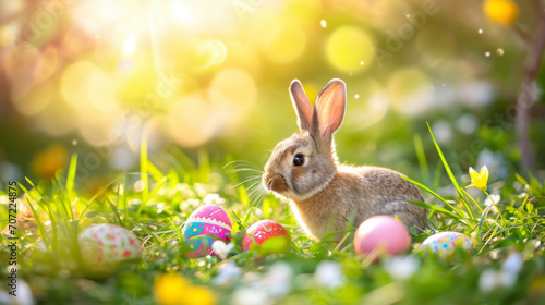 Cute Easter fluffy bunny on a green lawn full of colorful Easter eggs. The concept of holiday, relaxation, tradition. © Alina Tymofieieva