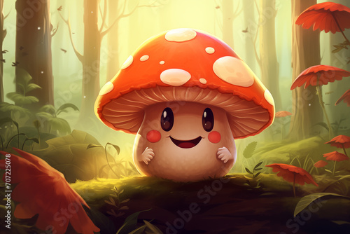 Cogumelo feliz sorrindo na floresta - Ilustração infantil 2d photo