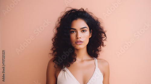 Beautiful young woman with curly hair looking at camera on pink background