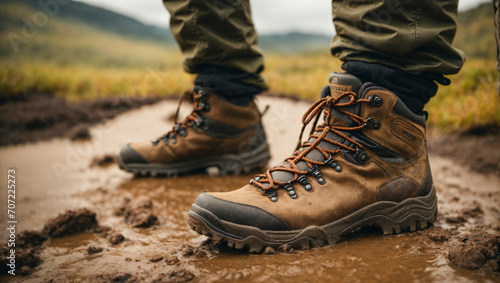 reliable hiking boots in the mountains standing in muddy water photo