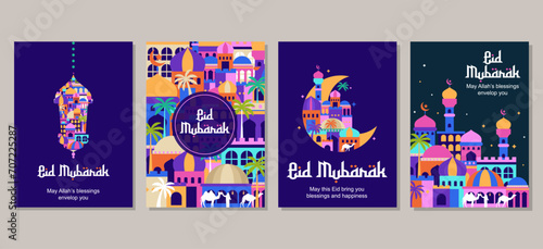 Set of eid mubarak al fitr islamic arabic mosque architecture illustration for a poster banner, cover template. vector illustration