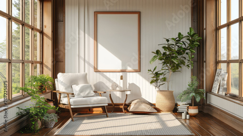 interior design  blank mockup photo oak wooden frame template showcase home interior Scandinavian design background