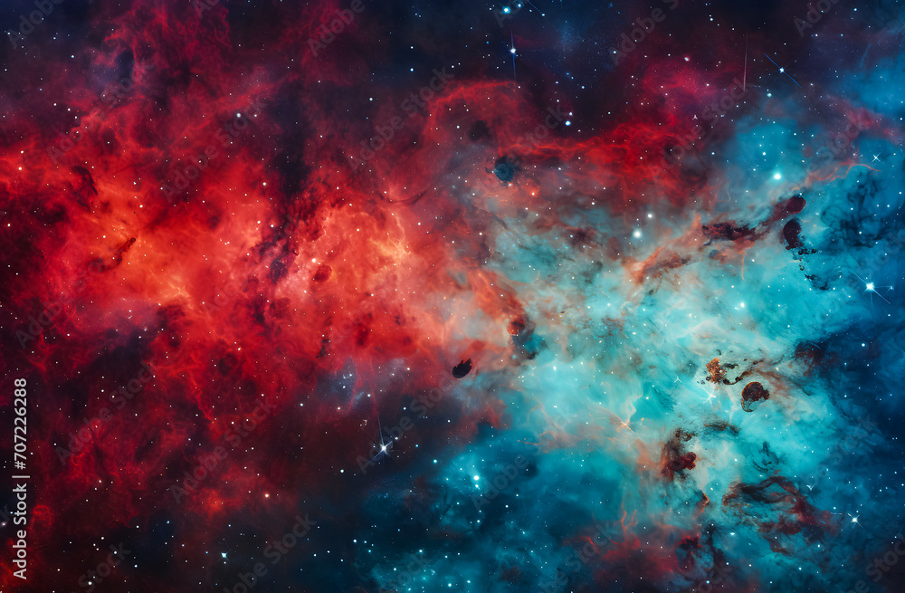 Obraz premium Outer space background featuring red and green-turquoise galaxy dust, creating a vibrant cosmic scene. Ideal for sci-fi, astronomy, and abstract design themes