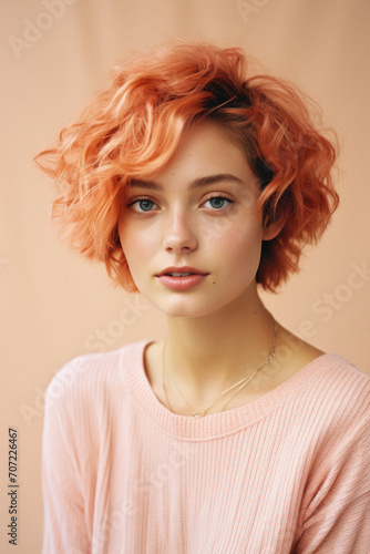 Portrait of a beautiful young woman with red hair on a beige background