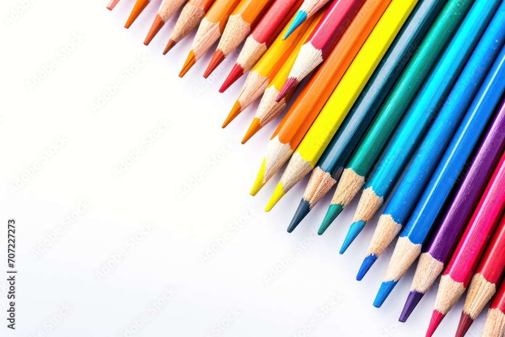 Arrangement of colored pencils isolated on white background