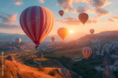 Colorful hot air balloons flying at sunrise over a rugged landscape. © Gayan