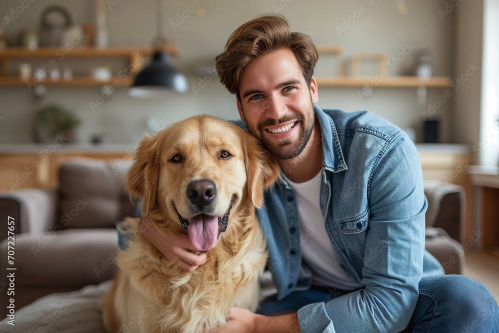 Young adult man with his golden retriever dog in a living room Young adult man with his golden retriever dog in a living room