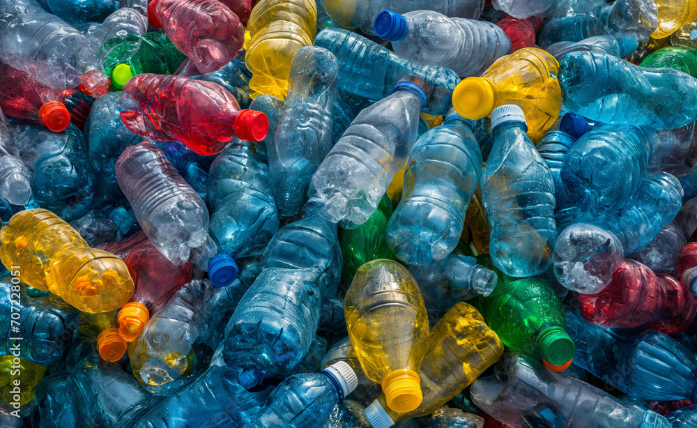 Big pile of empty plastic bottles, pattern, colorful background