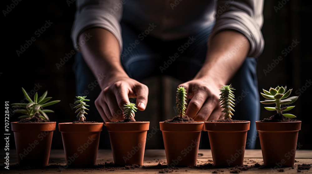 Repotting succulents in a pot with soil Home gardening hobby. Repotting succulents in a pot with soil Home gardening hobby.
