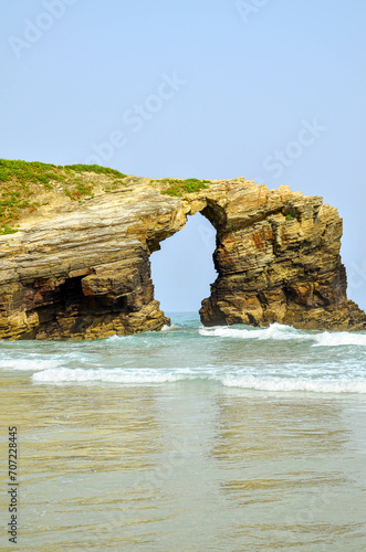 Las Catedrales beach is the tourist name for Aguas Santas beach, located in the Galician municipality of Ribadeo, on the coast of the province of Lugo, Spain, on the Cantabrian Sea. 