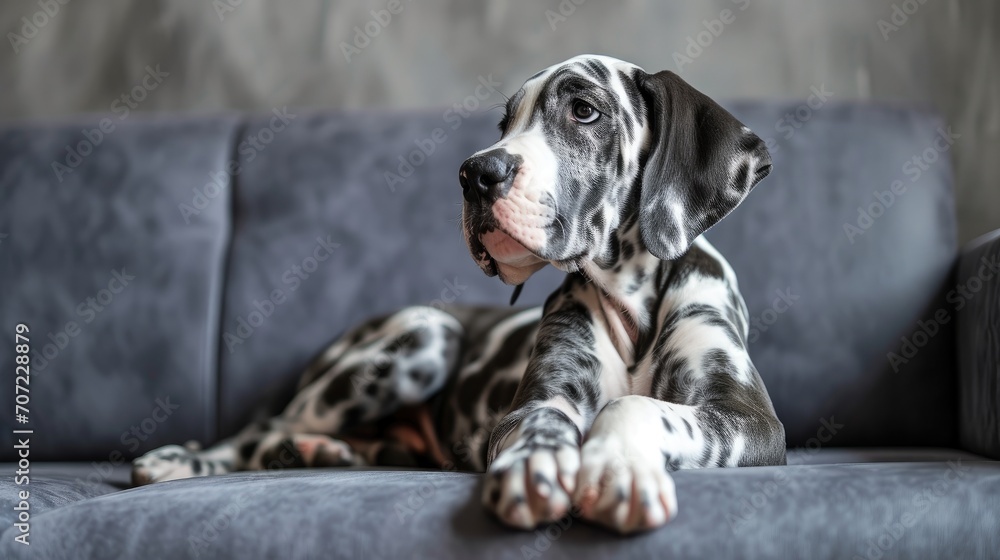 Photo portrait of a cute white and black Great Dane puppy on a gray sofa