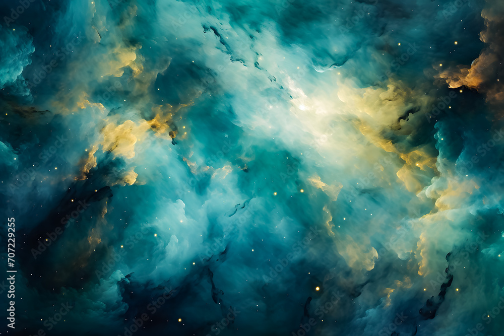 Obraz premium Stunning galaxy background in green-turquoise and yellow hues, showcasing cosmic beauty and vibrant space colors. Ideal for sci-fi, fantasy, and abstract design themes