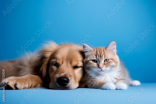 Perro y gato atigrado juntos en fondo azul.