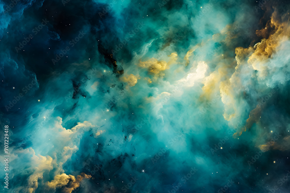 Fototapeta premium Stunning galaxy background in green-turquoise and yellow hues, showcasing cosmic beauty and vibrant space colors. Ideal for sci-fi, fantasy, and abstract design themes