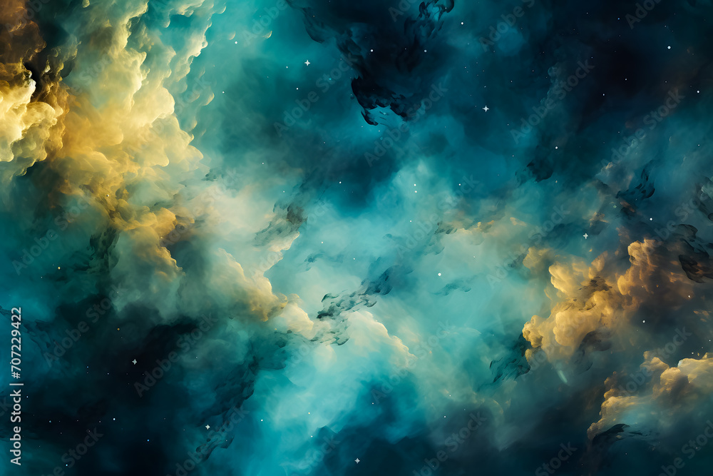 Obraz premium Stunning galaxy background in green-turquoise and yellow hues, showcasing cosmic beauty and vibrant space colors. Ideal for sci-fi, fantasy, and abstract design themes