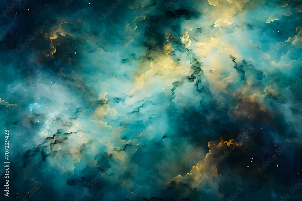 Fototapeta premium Stunning galaxy background in green-turquoise and yellow hues, showcasing cosmic beauty and vibrant space colors. Ideal for sci-fi, fantasy, and abstract design themes
