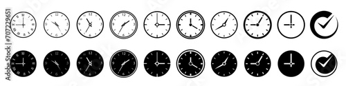 Time clock icon set. Clock face set. Linear and silhouette style.