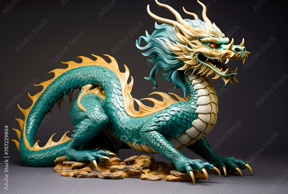Obraz premium Water dragon statue decoration for table display, symbolizing strength and serenity. Perfect for home decor, cultural, and feng shui themes