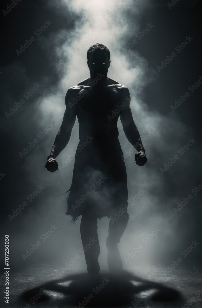 Silhouette of a muscular man with glowing eyes in misty darkness
