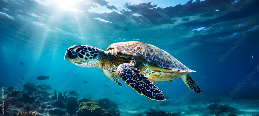 Obraz premium A serene shot of a sea turtle near the beach and coral reefs, capturing the beauty of marine life. Perfect for nature, wildlife, and underwater themes