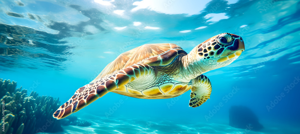 Fototapeta premium A serene shot of a sea turtle near the beach and coral reefs, capturing the beauty of marine life. Perfect for nature, wildlife, and underwater themes