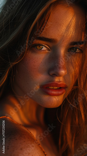 Portrait of a girl on the beach during sunset, golden hour macro shot picture and water drops