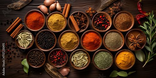Variety of spices on wooden kitchen table,, 