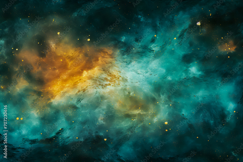 Fototapeta premium Stunning galaxy background in green-turquoise and yellow hues, showcasing cosmic beauty and vibrant space colors. Ideal for sci-fi, fantasy, and abstract design themes