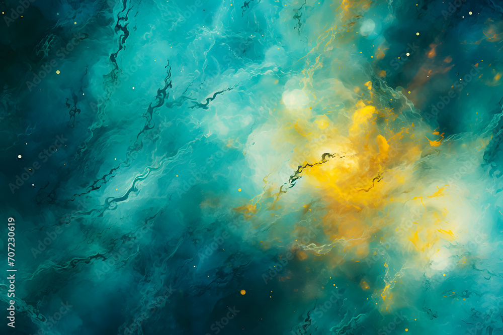 Obraz premium Stunning galaxy background in green-turquoise and yellow hues, showcasing cosmic beauty and vibrant space colors. Ideal for sci-fi, fantasy, and abstract design themes