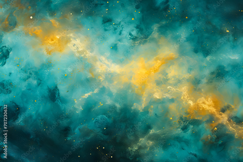 Fototapeta premium Stunning galaxy background in green-turquoise and yellow hues, showcasing cosmic beauty and vibrant space colors. Ideal for sci-fi, fantasy, and abstract design themes