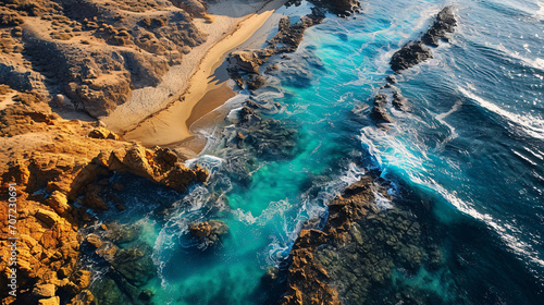A breathtaking coastline with sand, stones and trees from a bird's eye view - drone photography