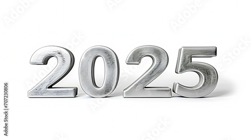 Silvester New Year, New Year's Eve 2025 party event celebration holiday greeting card template - Closeup of silver glittering metal metallic 3d year number, isolated on white background.