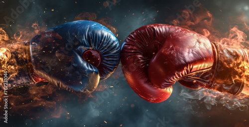 Red, blue boxing gloves in the form of hyper-realistic cyclorama elements, light red and dark blue. For banners promoting boxing, boxing sports © DJSPIDA FOTO