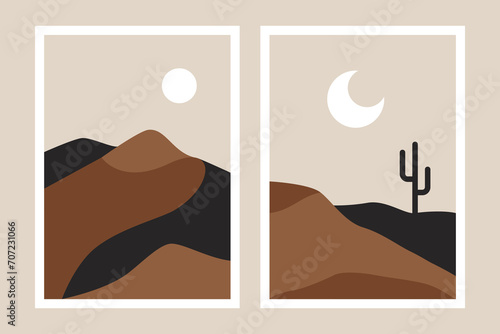 Desert landscape posters. Minimal abstract mountain sunset sunrise panorama, nature bohemian background. Vector desert scenery set